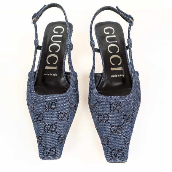 GUCCI Blue Denim GG Crystal Monogram Demi Slingback Pump Women's EU 38 / US 8 - Picture 7 of 13